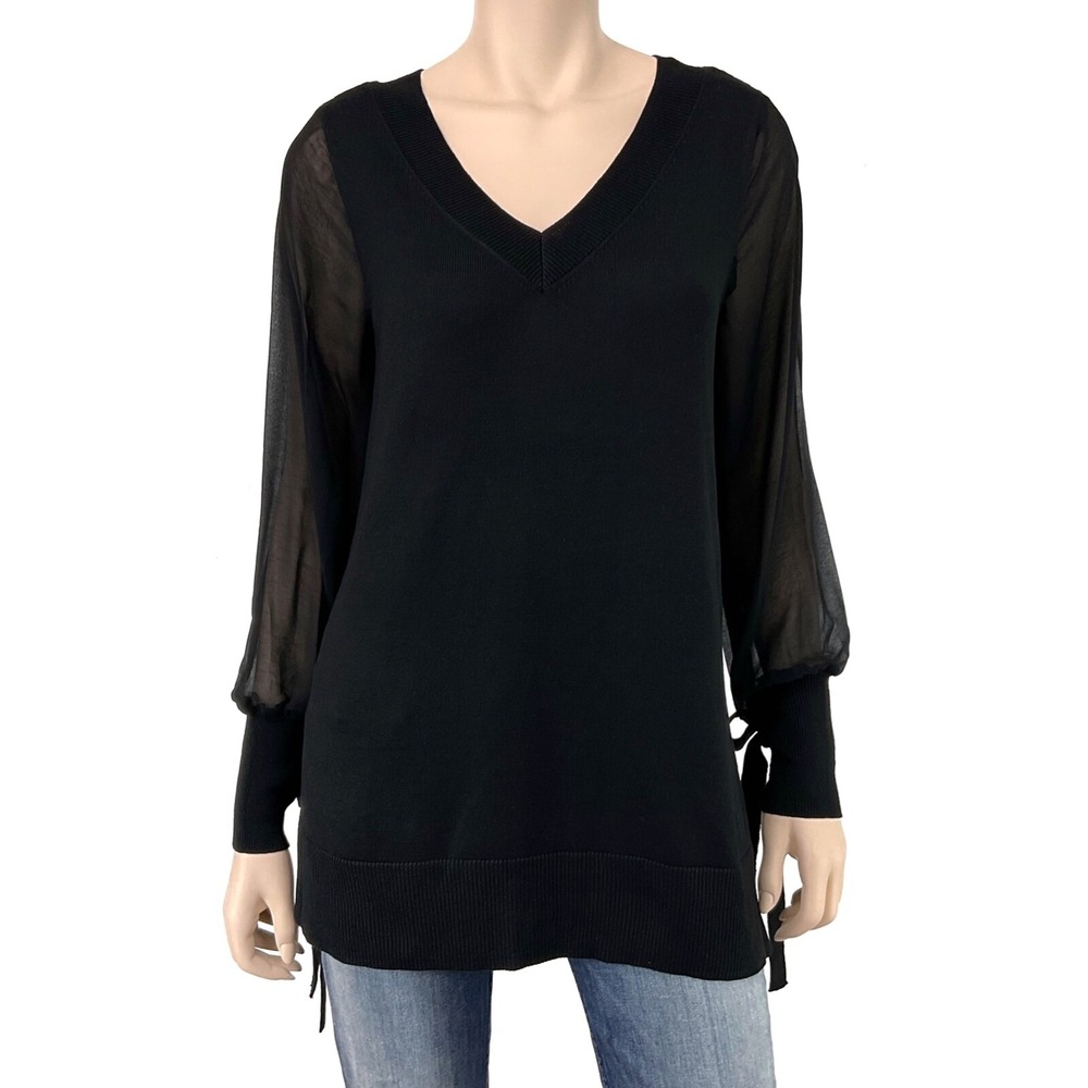 Worthington Sweater Small Women Black V-Neck Long Sleeve Bow NWT